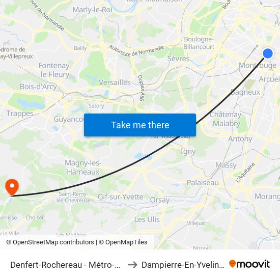 Denfert-Rochereau - Métro-Rer to Dampierre-En-Yvelines map