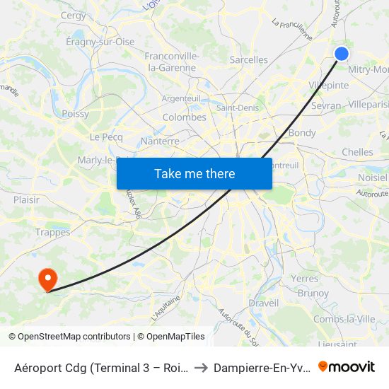 Aéroport Cdg (Terminal 3 – Roissypôle) to Dampierre-En-Yvelines map