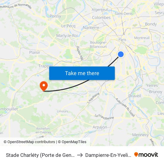 Stade Charléty (Porte de Gentilly) to Dampierre-En-Yvelines map