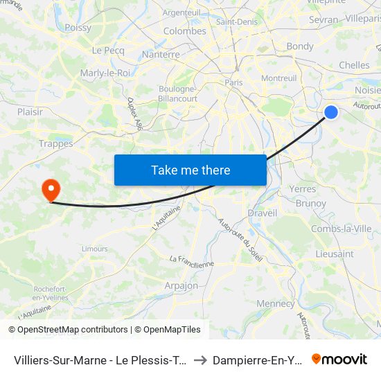 Villiers-Sur-Marne - Le Plessis-Trévise RER to Dampierre-En-Yvelines map