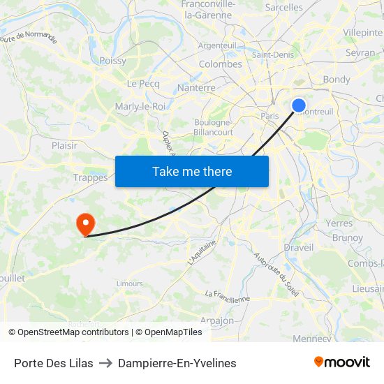 Porte Des Lilas to Dampierre-En-Yvelines map
