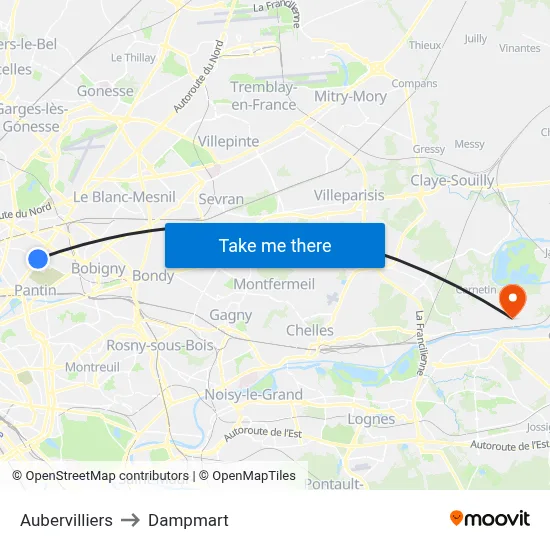 Aubervilliers to Dampmart map
