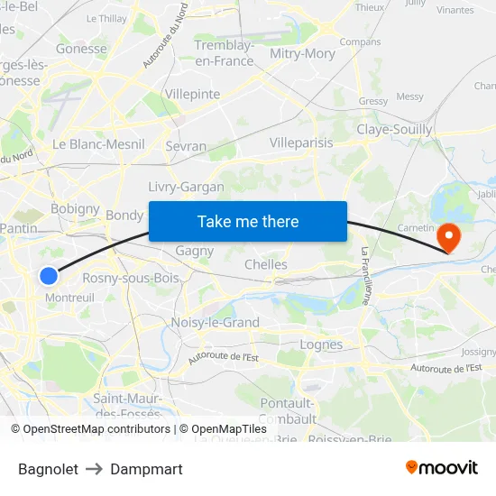 Bagnolet to Dampmart map