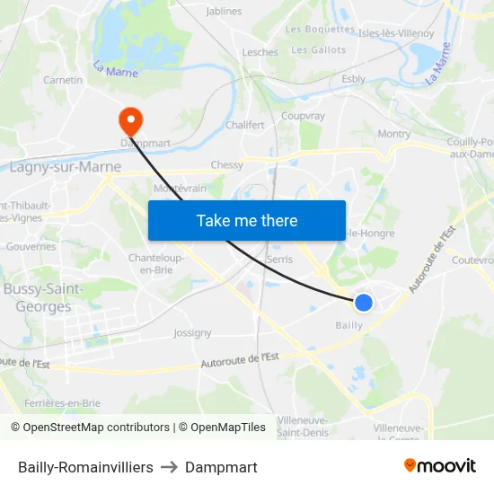 Bailly-Romainvilliers to Dampmart map