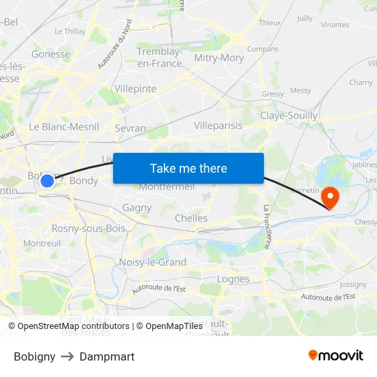 Bobigny to Dampmart map