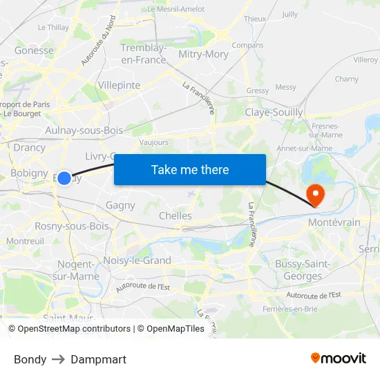 Bondy to Dampmart map