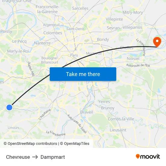 Chevreuse to Dampmart map