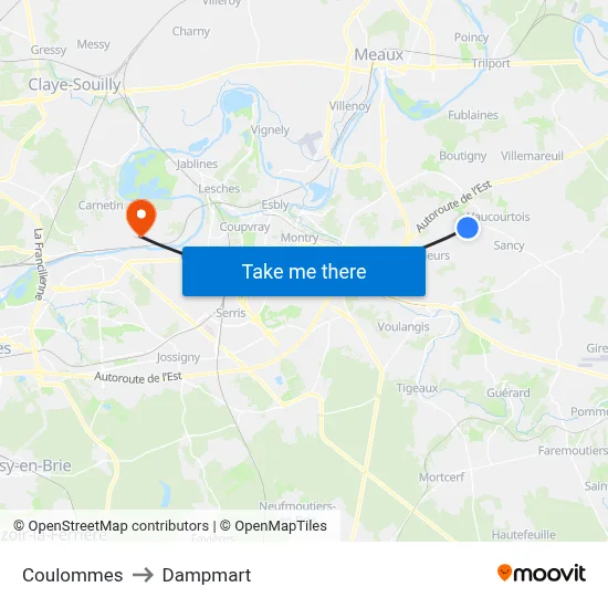 Coulommes to Dampmart map