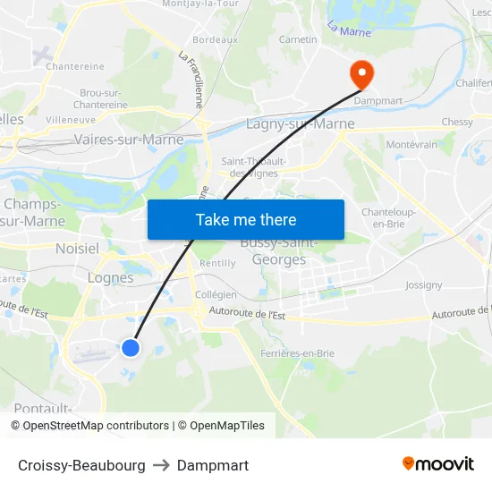 Croissy-Beaubourg to Dampmart map