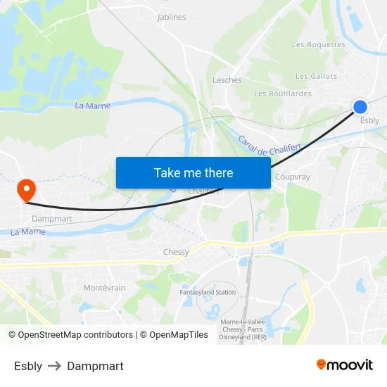 Esbly to Dampmart map