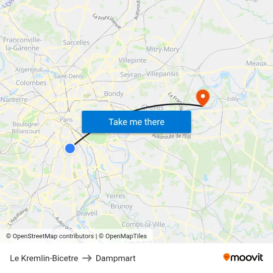 Le Kremlin-Bicetre to Dampmart map