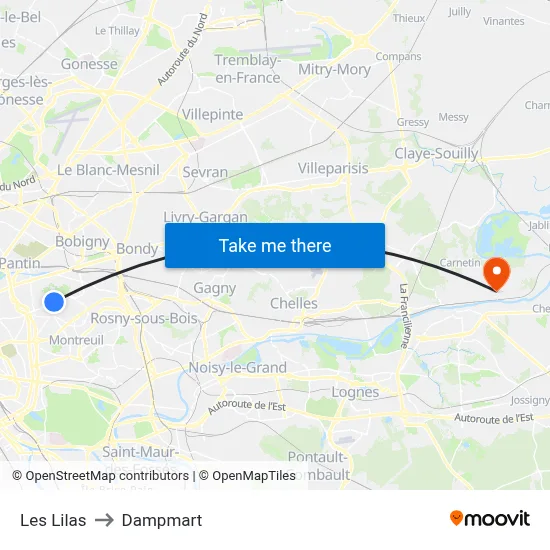 Les Lilas to Dampmart map