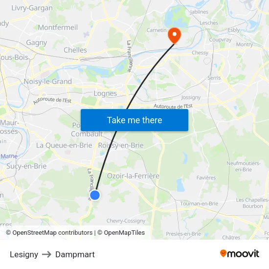Lesigny to Dampmart map