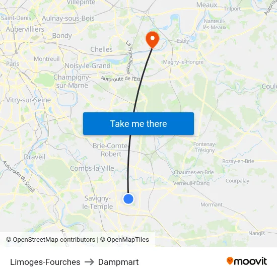 Limoges-Fourches to Dampmart map