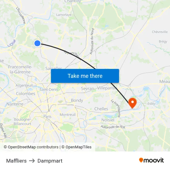Maffliers to Dampmart map