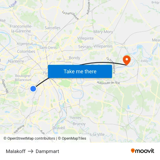 Malakoff to Dampmart map