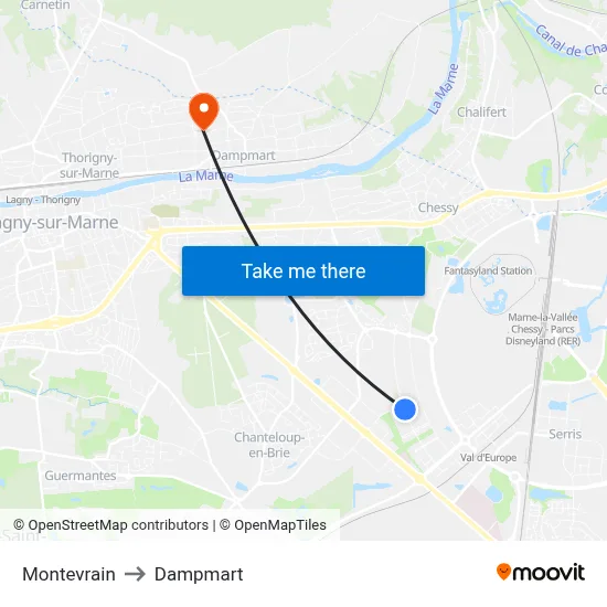 Montevrain to Dampmart map