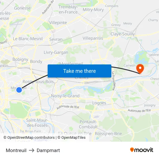 Montreuil to Dampmart map