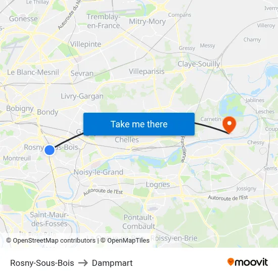Rosny-Sous-Bois to Dampmart map