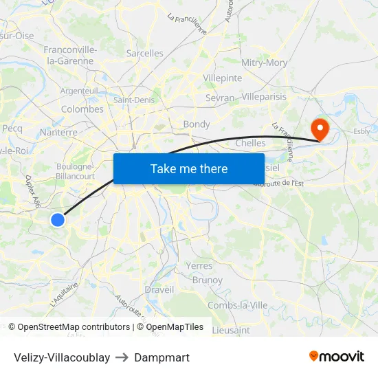 Velizy-Villacoublay to Dampmart map