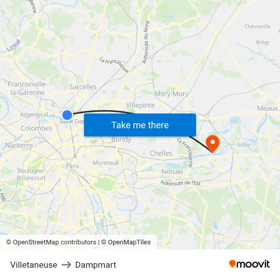 Villetaneuse to Dampmart map
