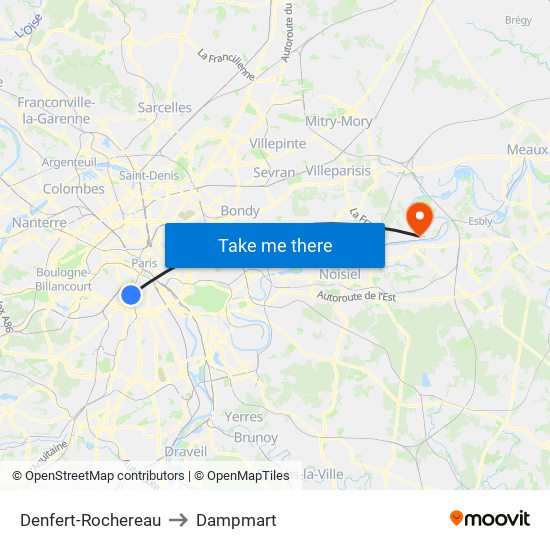 Denfert-Rochereau to Dampmart map