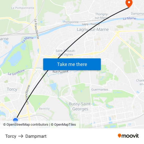 Torcy to Dampmart map