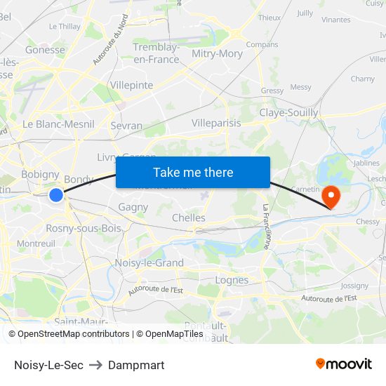 Noisy-Le-Sec to Dampmart map