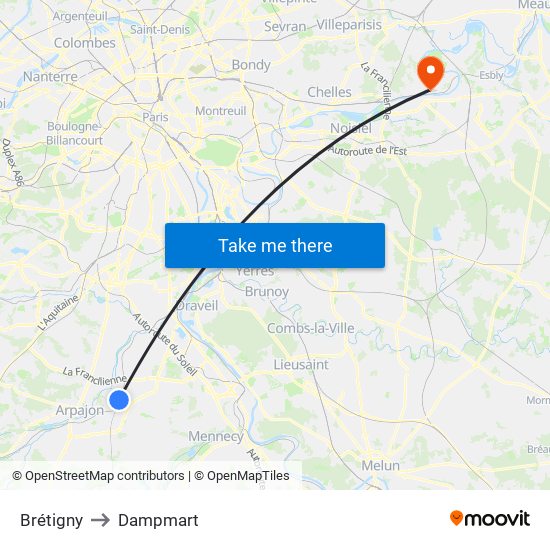 Brétigny to Dampmart map