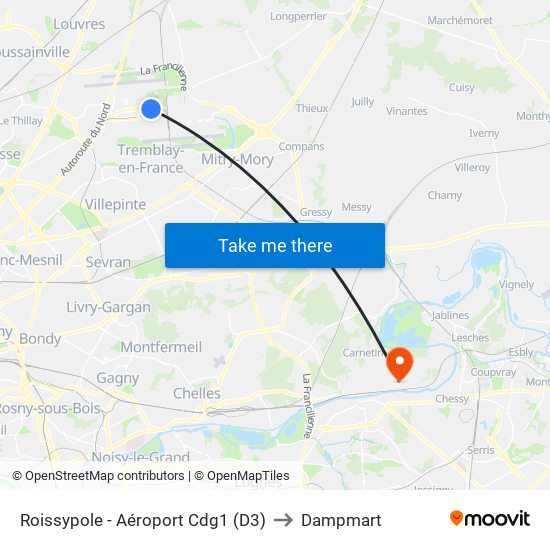 Roissypole - Aéroport Cdg1 (D3) to Dampmart map