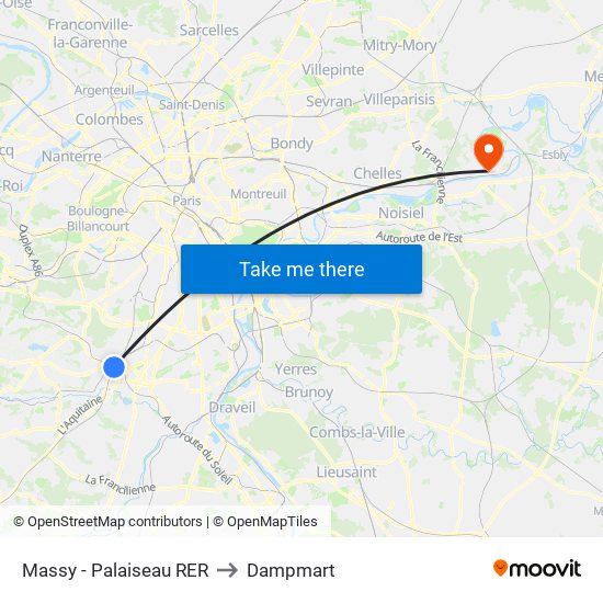 Massy - Palaiseau RER to Dampmart map