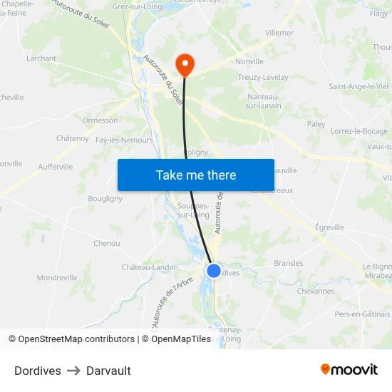 Dordives to Darvault map