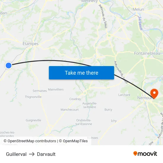 Guillerval to Darvault map