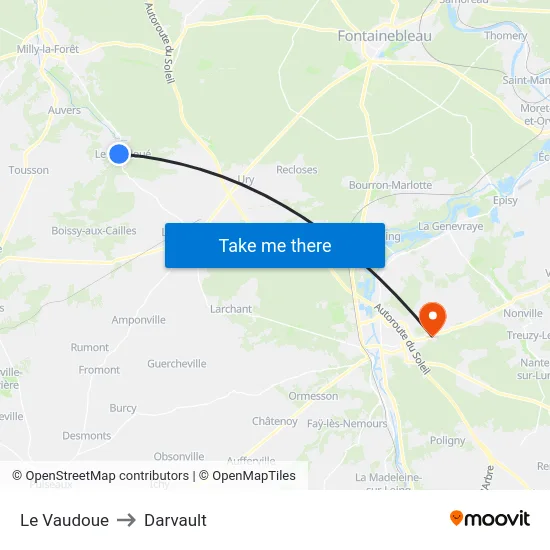 Le Vaudoue to Darvault map