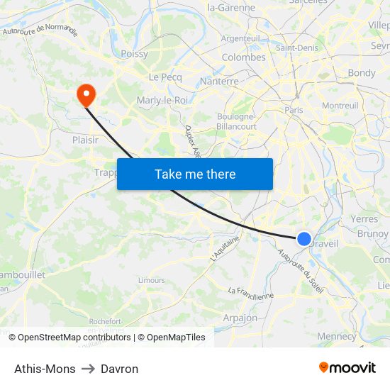 Athis-Mons to Davron map