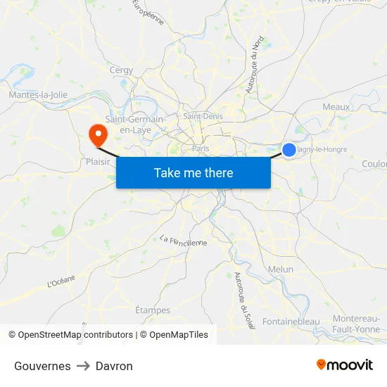 Gouvernes to Davron map