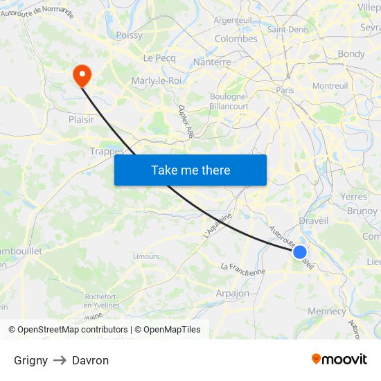 Grigny to Davron map