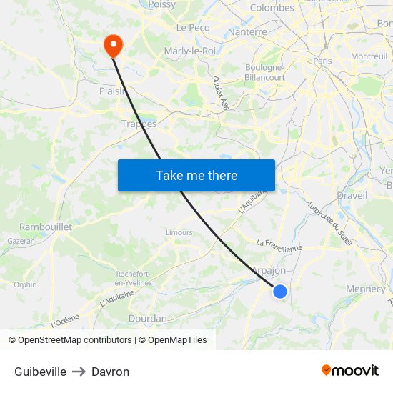 Guibeville to Davron map