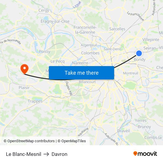 Le Blanc-Mesnil to Davron map