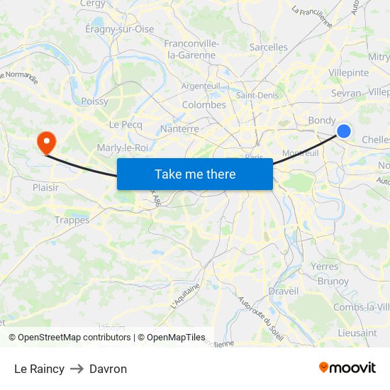 Le Raincy to Davron map