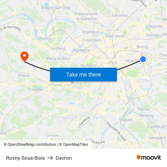 Rosny-Sous-Bois to Davron map