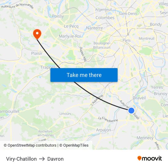 Viry-Chatillon to Davron map