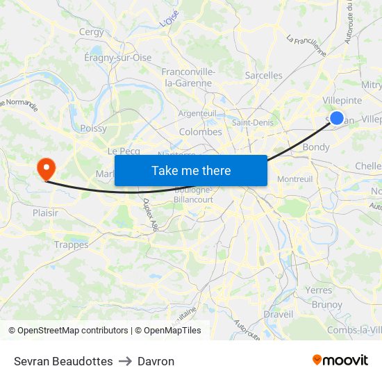 Sevran Beaudottes to Davron map