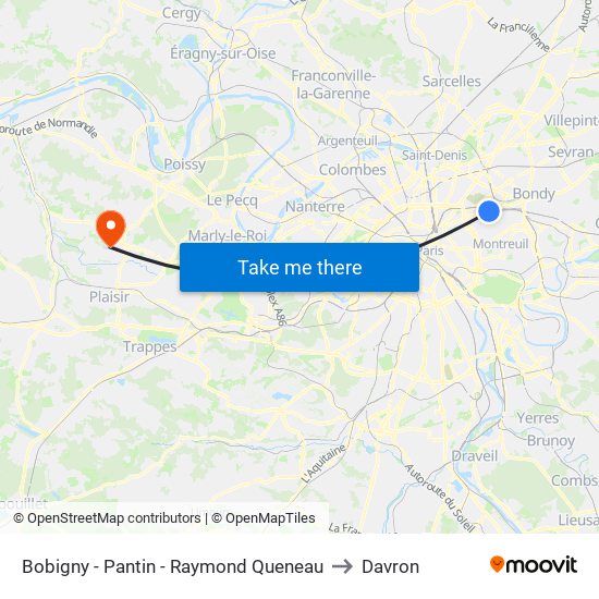 Bobigny - Pantin - Raymond Queneau to Davron map