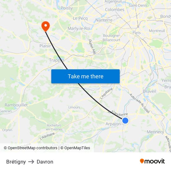 Brétigny to Davron map