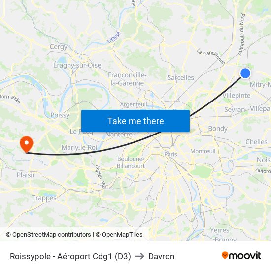 Roissypole - Aéroport Cdg1 (D3) to Davron map