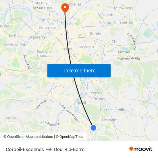 Corbeil-Essonnes to Deuil-La-Barre map