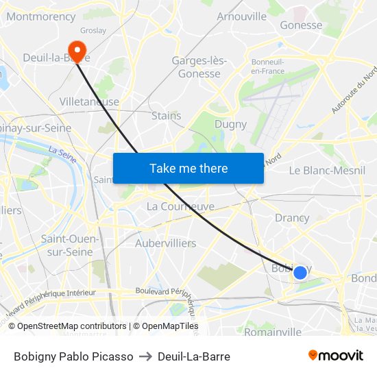 Bobigny Pablo Picasso to Deuil-La-Barre map