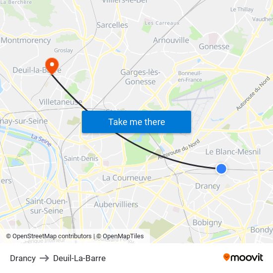 Drancy to Deuil-La-Barre map