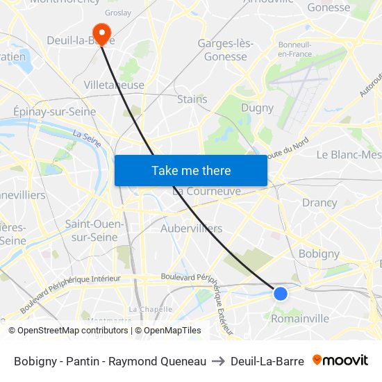 Bobigny - Pantin - Raymond Queneau to Deuil-La-Barre map